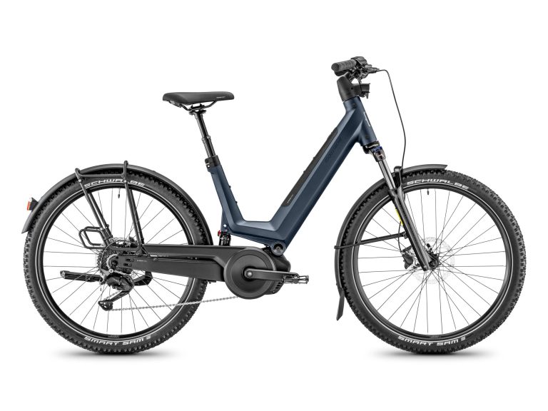 Moustache Xroad FS 2 bleu marine, VTC électrique tout-suspendu à enjambement bas, vue de profil