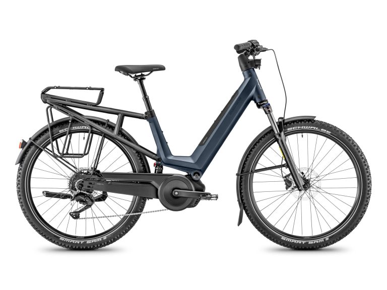 Moustache Xroad FS 2 Suspended bleu marine, VTC électrique tout-suspendu à enjambement bas, vue de profil