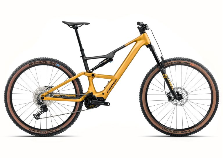 Orbea Rise SL H30 2026, VTT électrique de trail à cadre aluminium jaune et noir, vue de profil