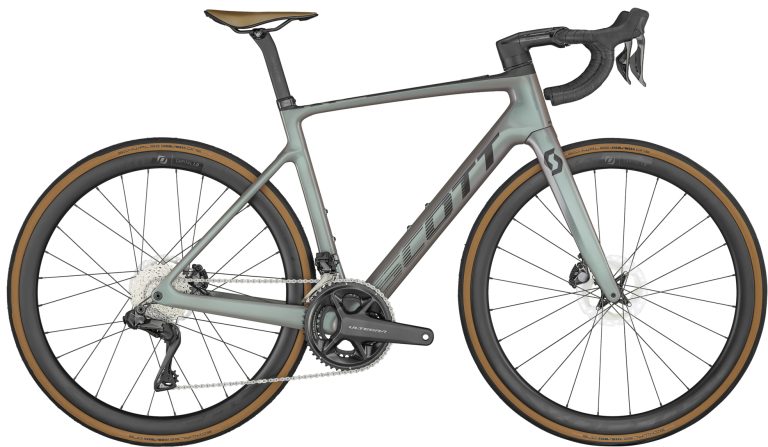 Scott Addict RC eRIDE 10 2024, vélo de route électrique carbone, coloris Prism Grey Green, vue de profil