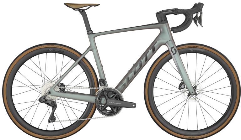 Scott Addict RC eRIDE 10 2024, vélo de route électrique carbone gris vert, vue de profil