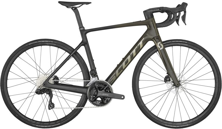 Scott Addict RC eRIDE 20 2024, vélo de route électrique carbone jaune et noir, vue de profil