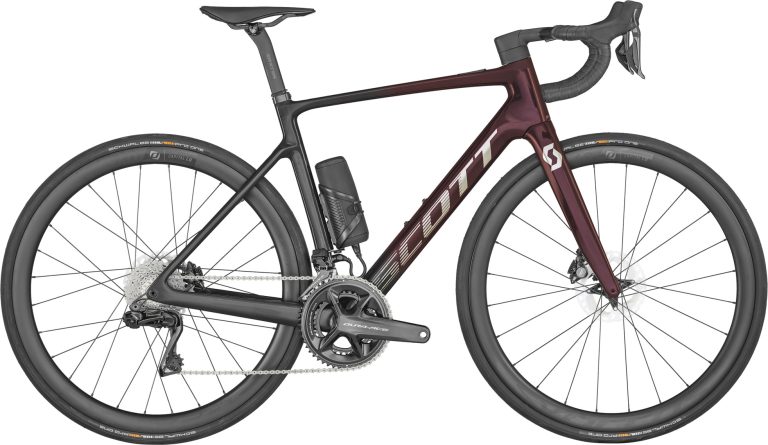 Scott Addict RC eRIDE Ultimate 2024, vélo de route électrique carbone rouge, vue de profil