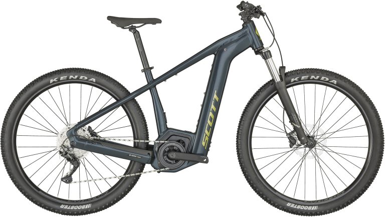 Scott Aspect eRIDE 930 2024, VTT électrique semi-rigide bleu pétrole, vue de profil