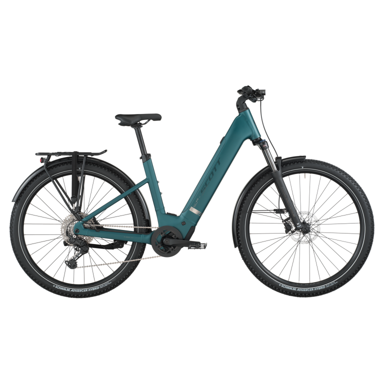 Scott Axis 30 Wave 2026, vélo de trekking électrique à cadre Wave vert, vue de profil