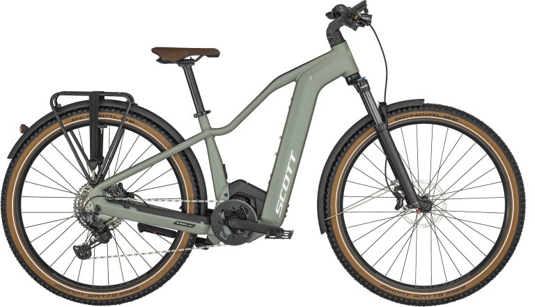 Scott Axis eRIDE 10 Lady 2024, vélo de trekking électrique Bosch vert, vue de profil
