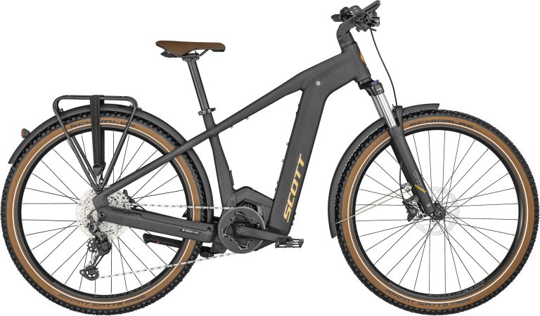 Scott Axis eRIDE 20 Men 2024, vélo de trekking électrique noir à cadre haut, vue de profil