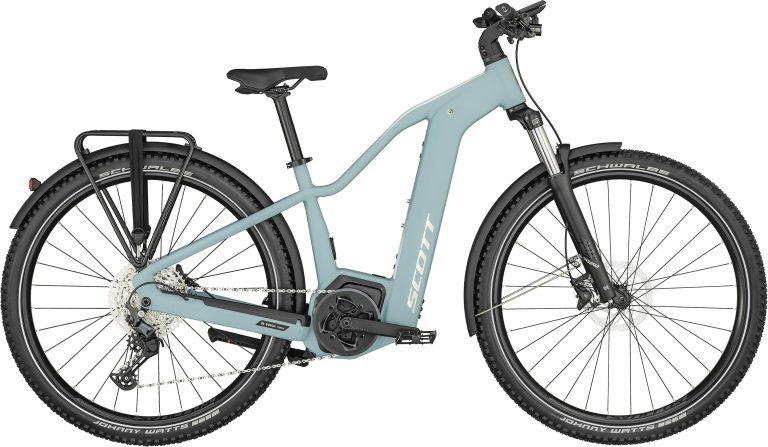 Scott Axis eRIDE 30 Lady 2024, vélo de trekking électrique bleu, vue de profil