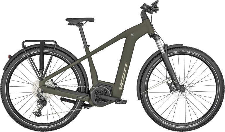 Scott Axis eRIDE 30 Men 2024, vélo de trekking électrique gris à cadre haut, vue de profil