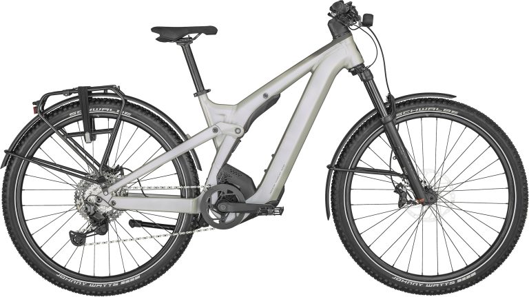 Scott Axis eRIDE FS 10 2024, vélo de trekking électrique tout-suspendu argent, vue de profil