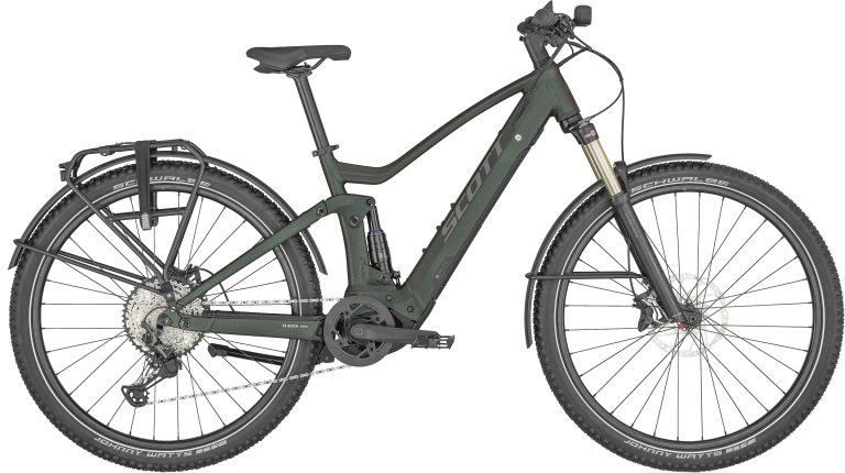 Scott Axis eRIDE FS 20 2024, vélo de trekking électrique tout-suspendu noir, vue de profil