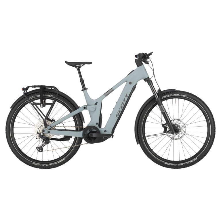 Scott Axis FS 20 2026, vélo de trekking électrique tout-suspendu gris, vue de profil