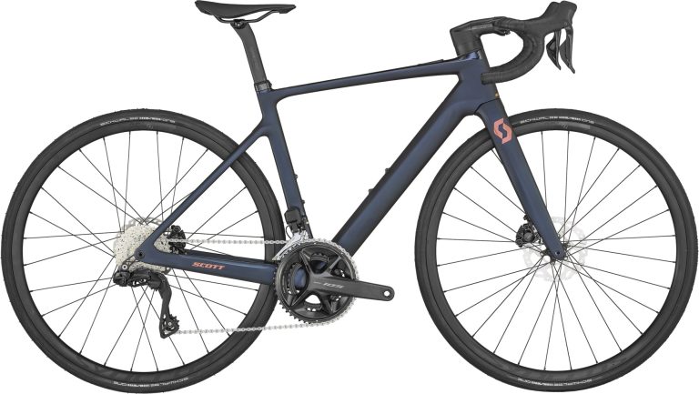 Scott Contessa Addict RC eRIDE 15 2024, vélo de route électrique carbone bleu, vue de profil