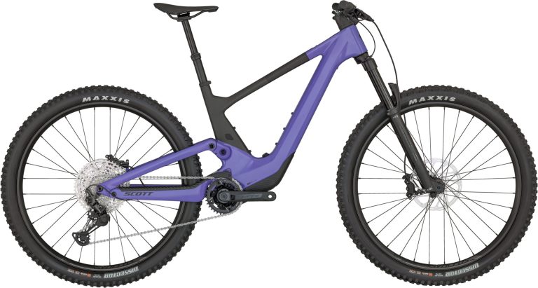 Scott Contessa Voltage eRIDE 910 2024, VTT électrique léger tout-suspendu violet, vue de profil