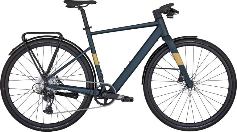 Scott Metrix eRIDE 2024, vélo de trekking électrique vert pétrole à moteur de moyeu, vue de profil