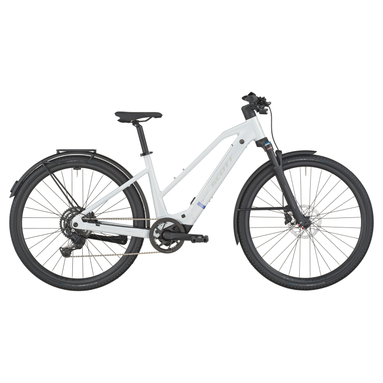 Scott Passage 20 Slope 2026, vélo de trekking électrique blanc à fourche suspendue, vue de profil