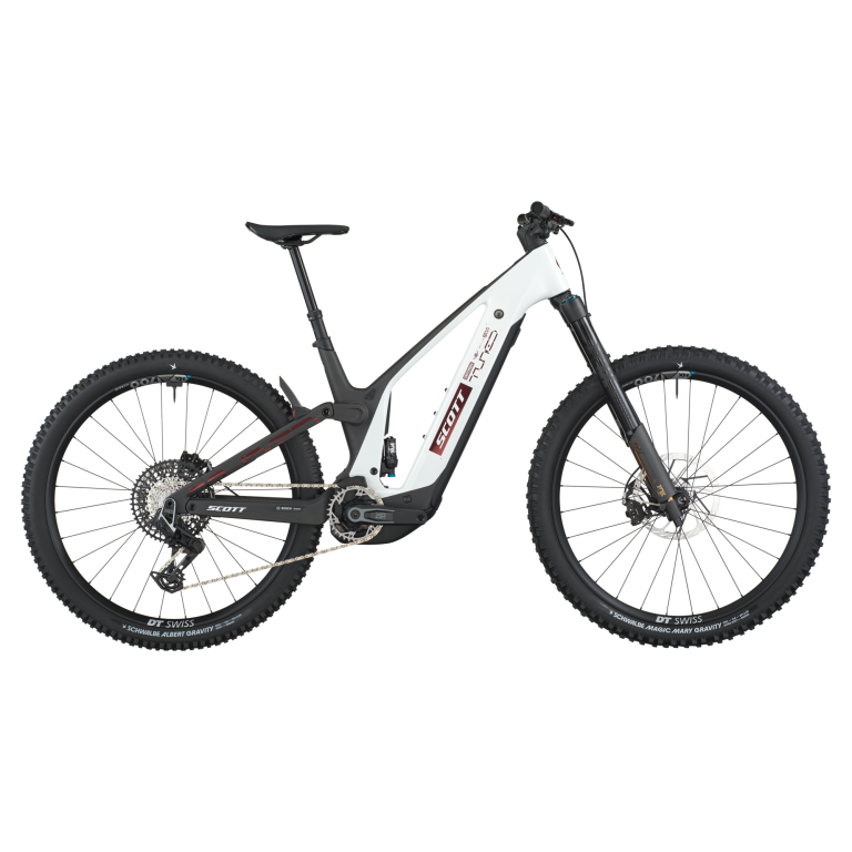 Scott Patron ST 900 Tuned 2026, VTT électrique d’enduro carbone noir et blanc, vue de profil