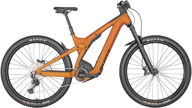 Scott Strike eRIDE 910 EVO, VTT électrique tout-suspendu à moteur Bosch et fourche FOX 36, vue de profil