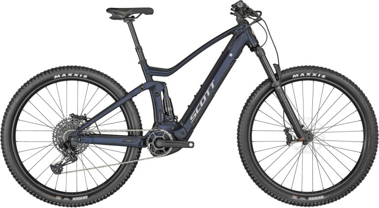 Scott Strike eRIDE 930 2024, VTT électrique tout-suspendu aluminium bleu, vue de profil