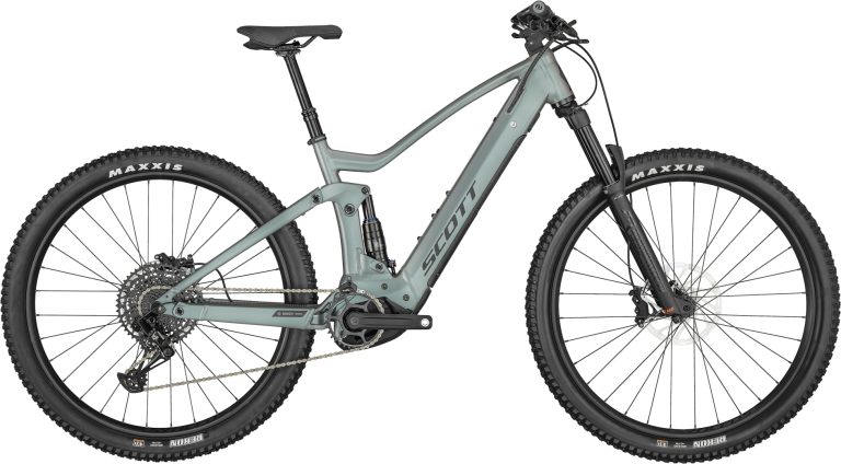 Scott Strike eRIDE 930 2024 gris clair, VTT électrique tout-suspendu, vue de profil