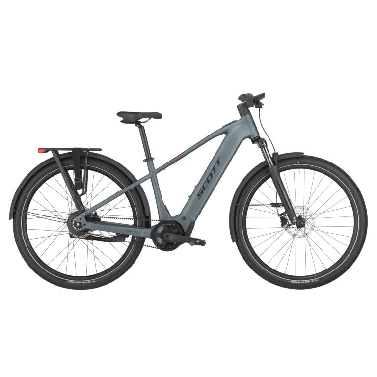 Scott Sub 10 Belt 2025, vélo de ville électrique bleu à courroie et batterie intégrée, vue de profil