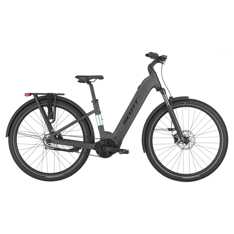 Scott Sub 20 Belt 2025, vélo de ville électrique gris à cadre Wave et courroie, vue de profil