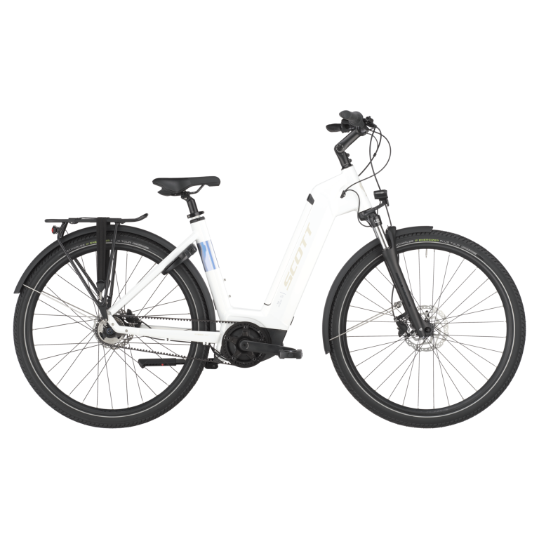 Scott Sub 40 Belt 2025, vélo de trekking électrique blanc à cadre Wave et courroie, vue de profil