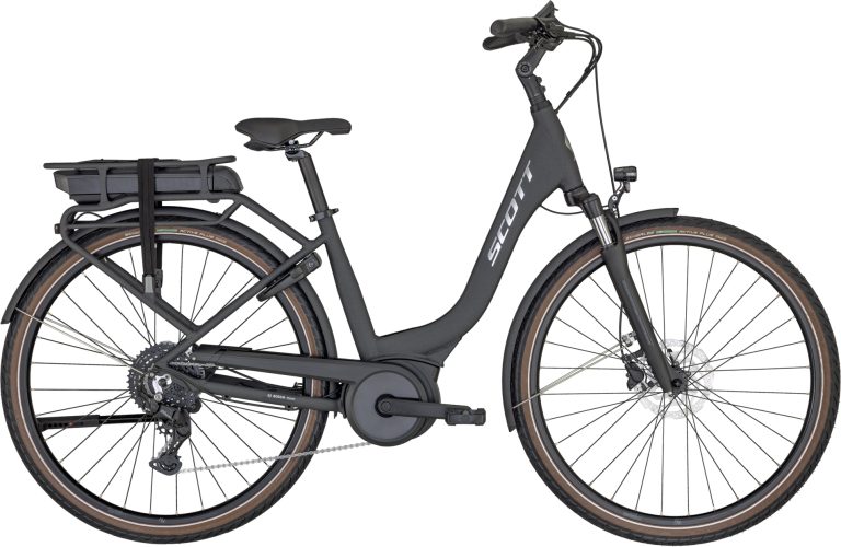 Scott Sub Active eRIDE 10 Unisex rack 2024, vélo de trekking électrique noir à batterie sur porte-bagage