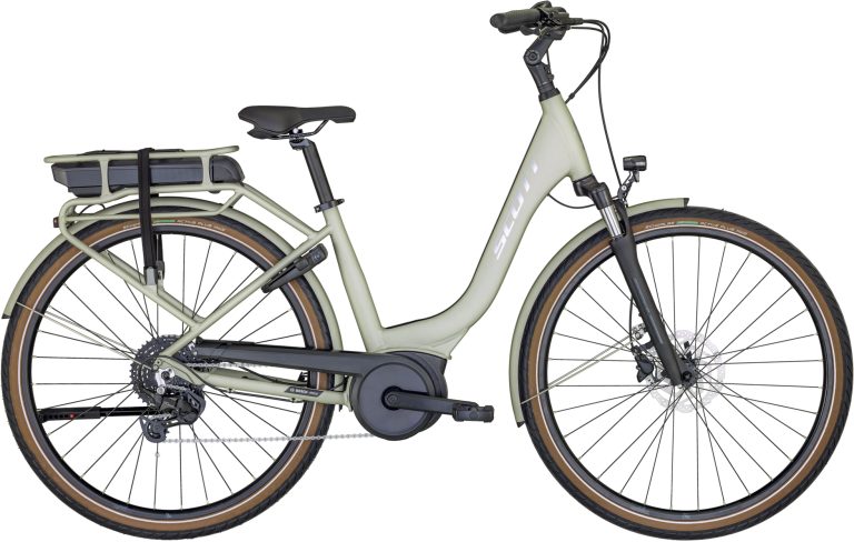 Scott Sub Active eRIDE 20 Unisex rack 2024, vélo de trekking électrique beige à batterie sur porte-bagage