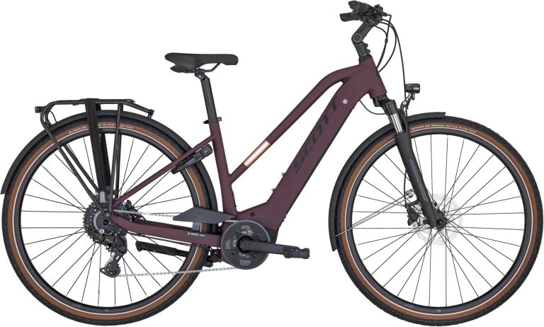 Scott Sub Active eRIDE Lady 2024, vélo de trekking électrique violet aubergine, vue de profil