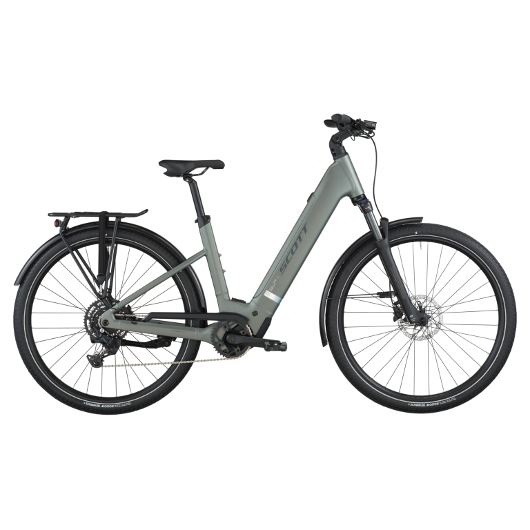 Scott Sub Sport 30 2026, vélo de ville électrique à cadre à enjambement bas et fourche suspendue, vue de profil