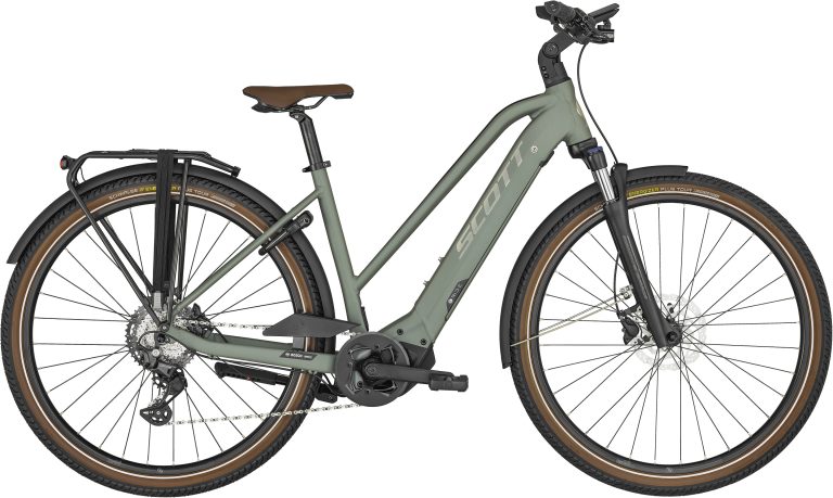 Scott Sub Sport eRIDE 20 Lady 2024, vélo de trekking électrique vert à cintre relevé, vue de profil