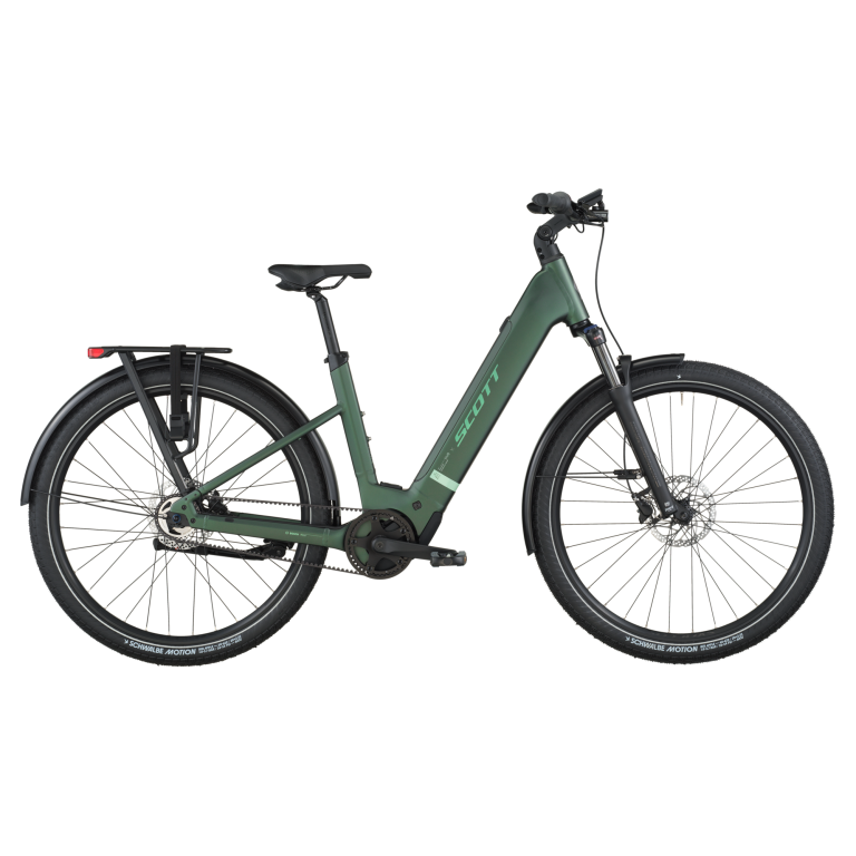Scott Sub Tour 10 2026, vélo urbain électrique à courroie Gates et cadre Wave, vue de profil