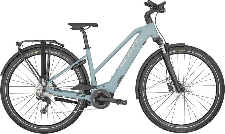 Scott Sub Tour eRIDE 10 Lady 2024, vélo de trekking électrique bleu à cintre relevé, vue de profil