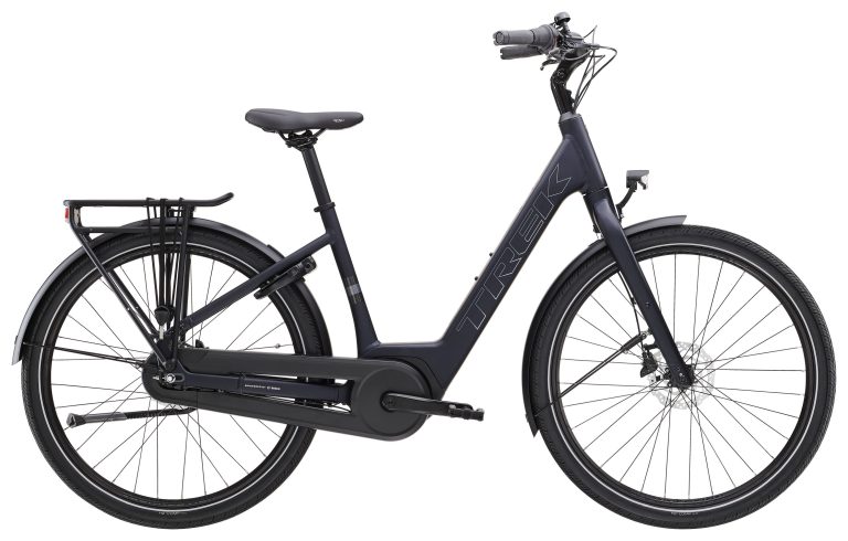 Trek District+ 1 2026, vélo de ville électrique à cadre à enjambement bas, vue de profil