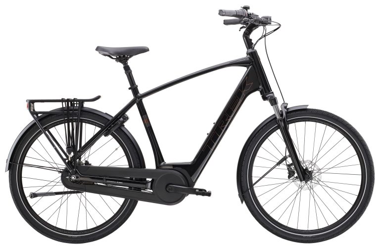 Trek District+ 2 2026, vélo de ville électrique à cadre haut, vue de profil