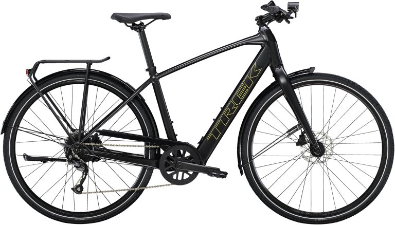 Trek FX+ 2 2023, vélo urbain électrique rouge à cintre plat, vue de profil