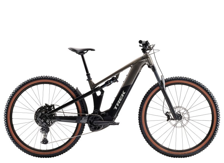 Trek Powerfly+ 4 800Wh cinquième génération 2026, VTT électrique aluminium à tige télescopique, vue de profil