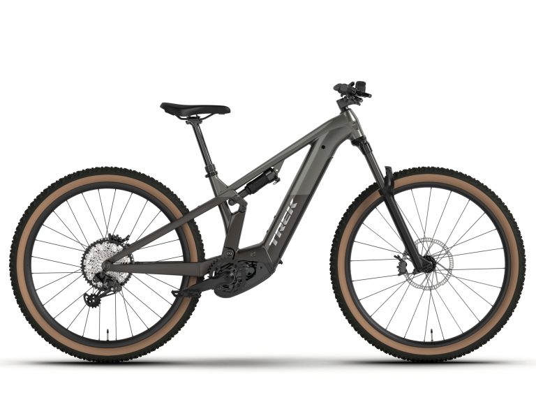 Trek Powerfly+ FS 4 4e génération 2025, VTT électrique tout-suspendu à moteur Bosch, vue de profil