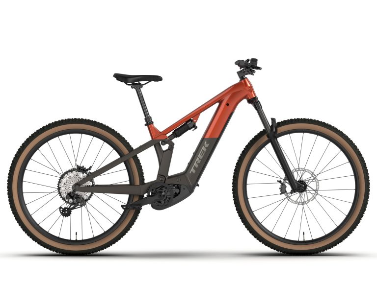 Trek Powerfly+ FS 8 4e génération 2025, VTT électrique tout-suspendu à fourche Fox 36 et transmission sans fil, vue de profil