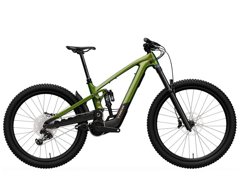 Trek Slash+ 9.7 2027, VTT enduro électrique à cadre carbone et fourche Fox 38, vue de profil