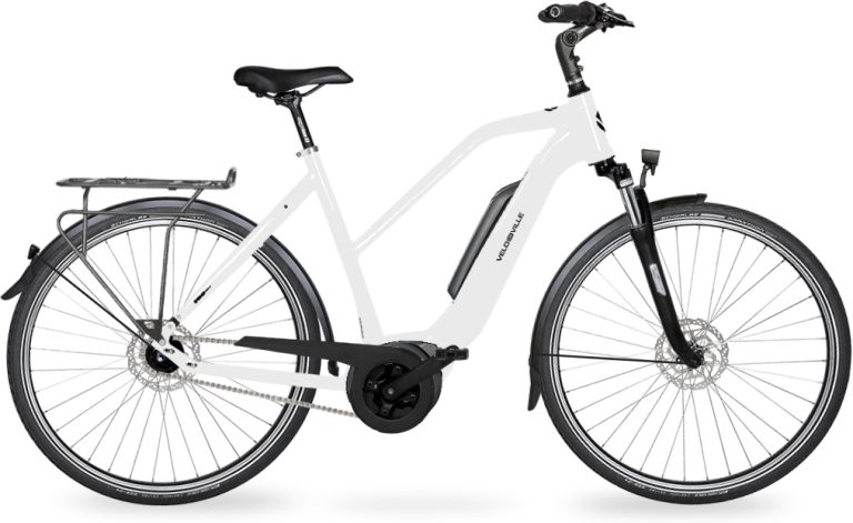 Velo de Ville AEB 400 CLASSIC 2024, vélo de ville électrique à cadre Trapèze blanc, vue de profil