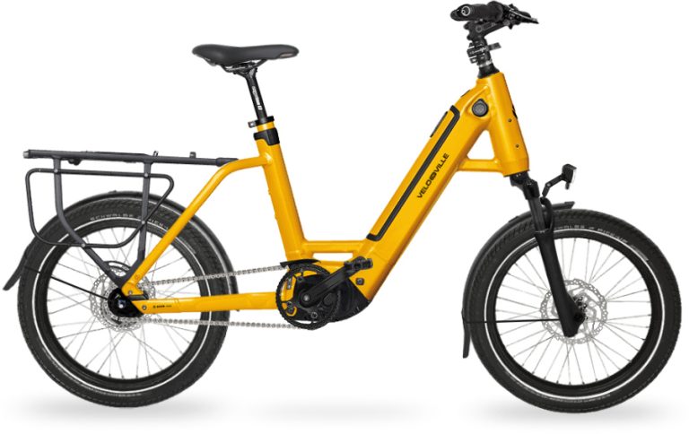 Velo de Ville KEB 590 PRO 2024, vélo compact électrique jaune en 20 pouces, vue de profil