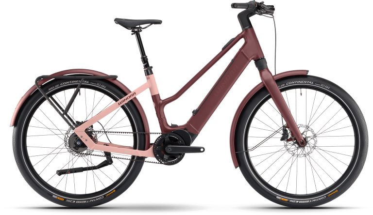 Winora iRide Pure R5f, vélo de ville électrique rouge mat à courroie, vue de profil