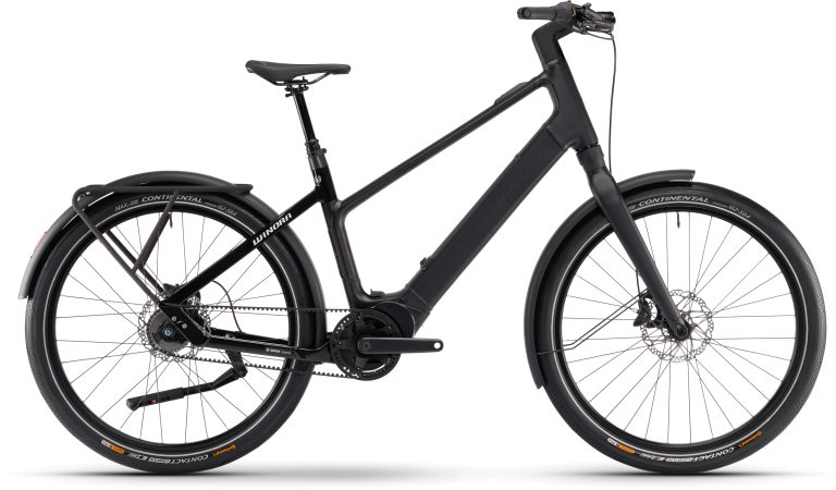 Winora iRide Pure R5f High 2024 noir, vélo urbain électrique à cadre haut, vue de profil