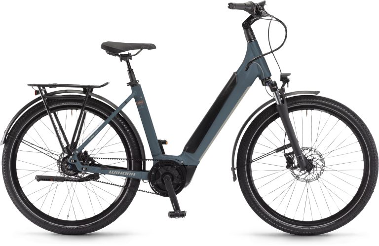 Winora Sinus R8E Low greyblue matt 2025, vélo de trekking électrique à cadre bas, vue de profil