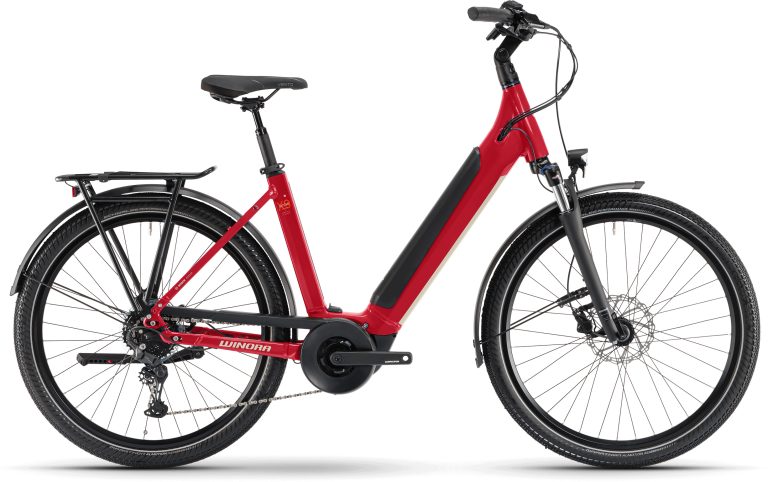 Winora Sinus X9 Low classic metallic red 2024, vélo de trekking électrique à cadre bas, vue de profil