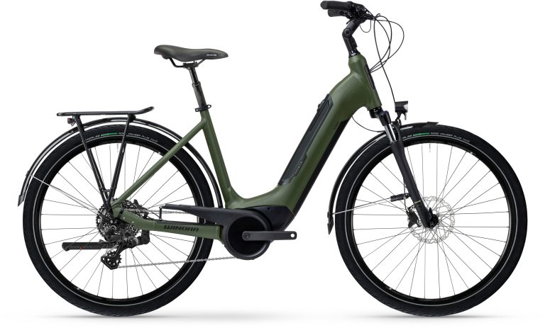 Winora Tria 10 Low mossgreen matt 2025, vélo de trekking électrique à cadre bas, vue de profil