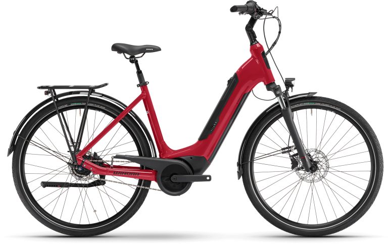Winora Tria N8 2024 classic red, vélo de ville électrique à cadre bas, vue de profil