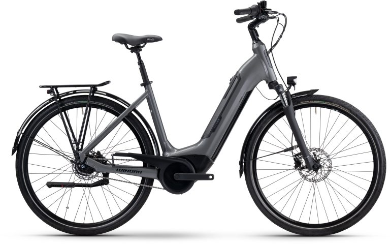 Winora Tria N8 Low Microchip Grey 2025, vélo de trekking électrique à cadre bas, vue de profil